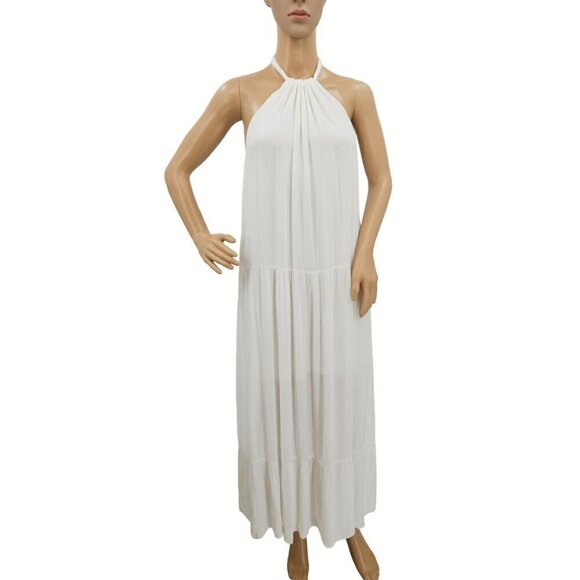 Francescas White Maxi Dress Sz M Tier Halter Open Back Lined Charlotte Avery NEW - Picture 1 of 12